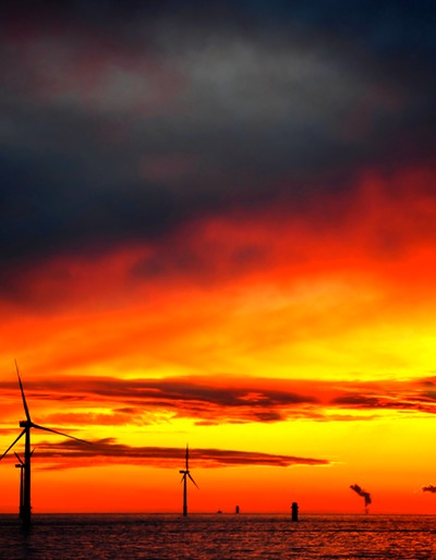 Windturbines at Sea Red Sky|Health and Safety North Wales|www.spsafteysewrvices
